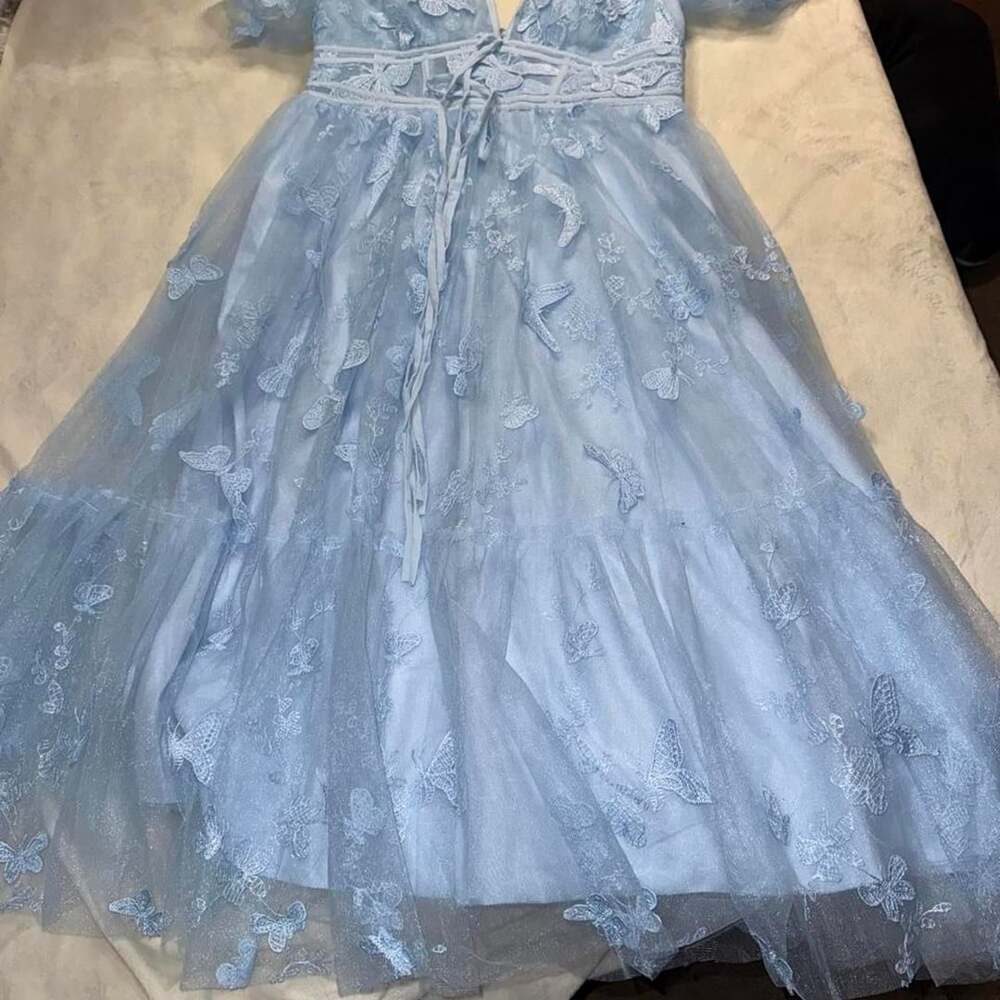 Designer Light Blue Butterfly Embroidered Tulle Gown